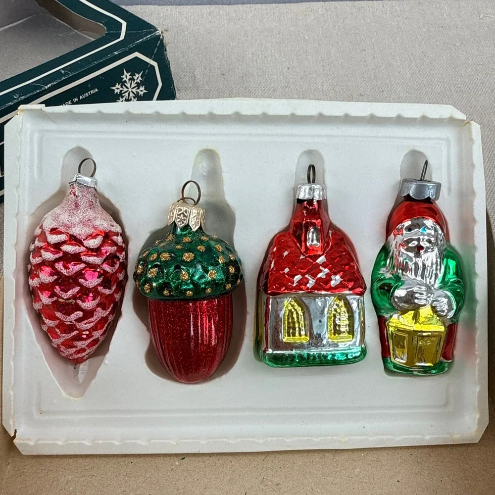 Vintage Austrian Glas-Baumschmuck Blown Glass Christmas Ornaments Set of 4 Boxed